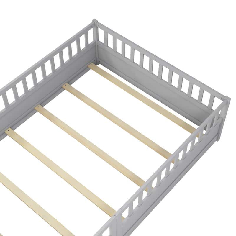 Grey Full Size Pine Wood Floor Bed with Full-length Guardrail
