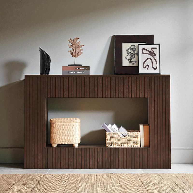 55" Modern Slatted Console Table, Narrow Entryway Table with Ash Veneer for Hallway or Foyer