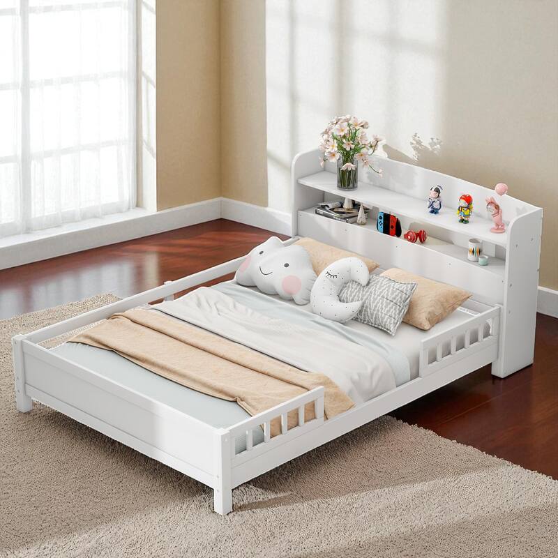 Twin/Full Size Wood Platform Bed with LED Light, Storage Headboard and Guardrail, No Box Spring Needed