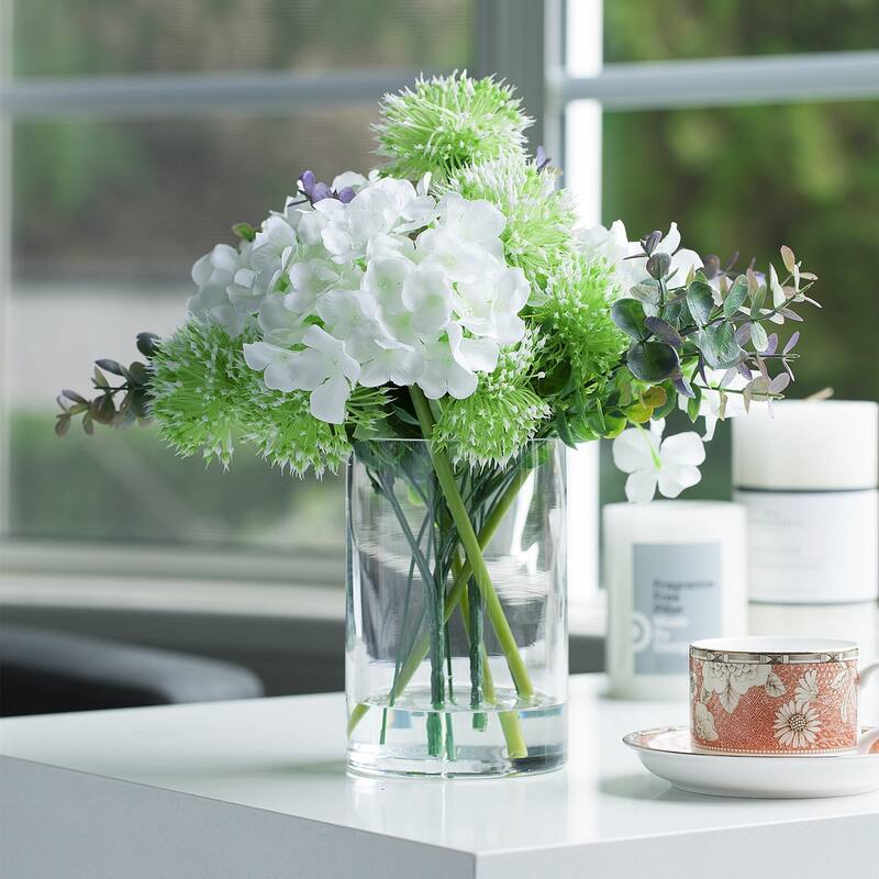 Enova Home Mixed Silk Hydrangea and Greenery Artificial Flowers Arrangement in Clear Cylinder Glass Vase for Home Decór - White