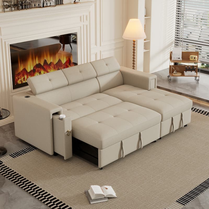 96" L-Shaped 3 Seater Sectional Sofa with Pull-Out Bed, Adjustable Headrest, Wireless Charging, Storage, and Cup Holders