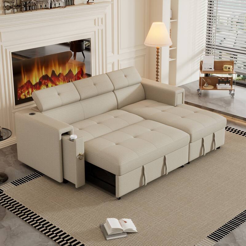 L-Shaped Pull Out Sofa Bed Modern Convertible Sleeper Sofa with 2 USB ports, 2 Power Sockets and 3 Pillows