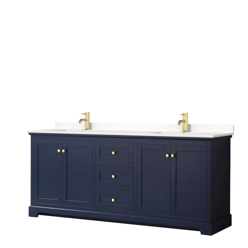 Avery 80-inch Double Vanity, Quartz Top - Dark Blue, Gold Trim, White Quartz Top