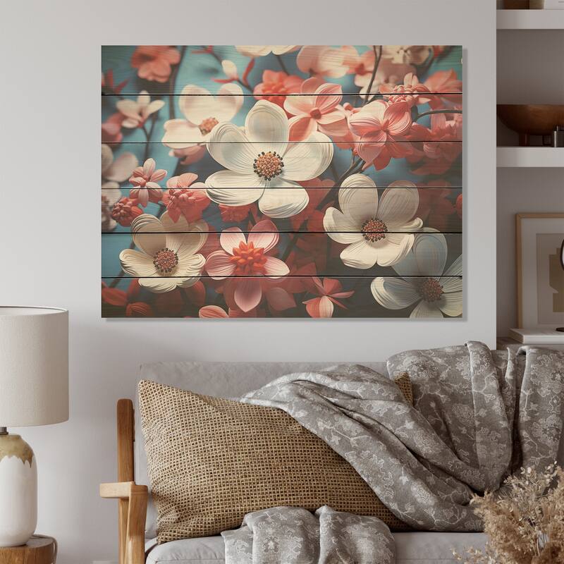 Designart "White And Pink Dogwood Blossoms" Dogwood Wood Wall Decor - Traditional Pink Wood Panel On Natural Pine Wood