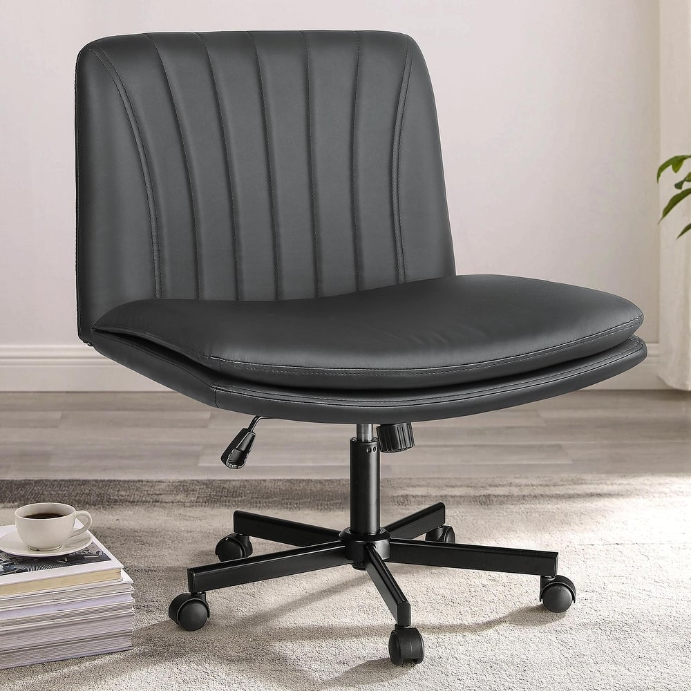 Bossin Criss Cross Chair with Wheels,PU Leather Armless Cross Legged Office chair, Adjustable Wide Seat Task Vanity Chair