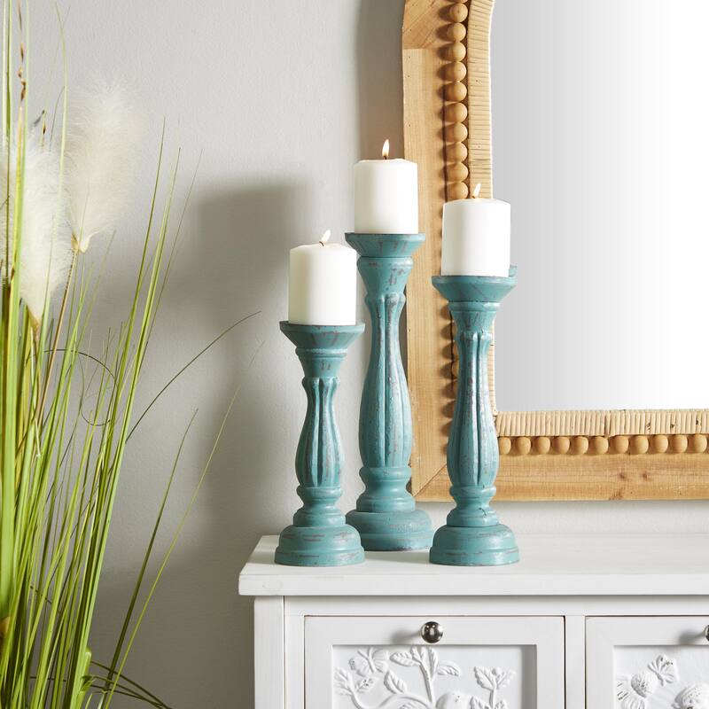 Wooden Distressed Turned Decorative Candle Holder - Set of 3 Gray, Brown, Blue, Green - Roche River Decor