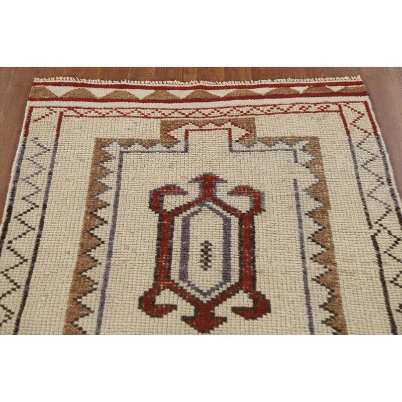 Natural Dye Anatolian Runner Rug Handmade Turkish Beige Wool Carpet - 3'4"x 10'6"