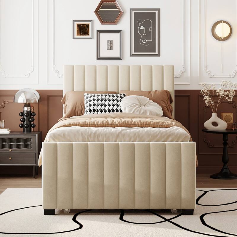 Twin Size Velvet Upholstered Platform Bed with Twin Size Trundle