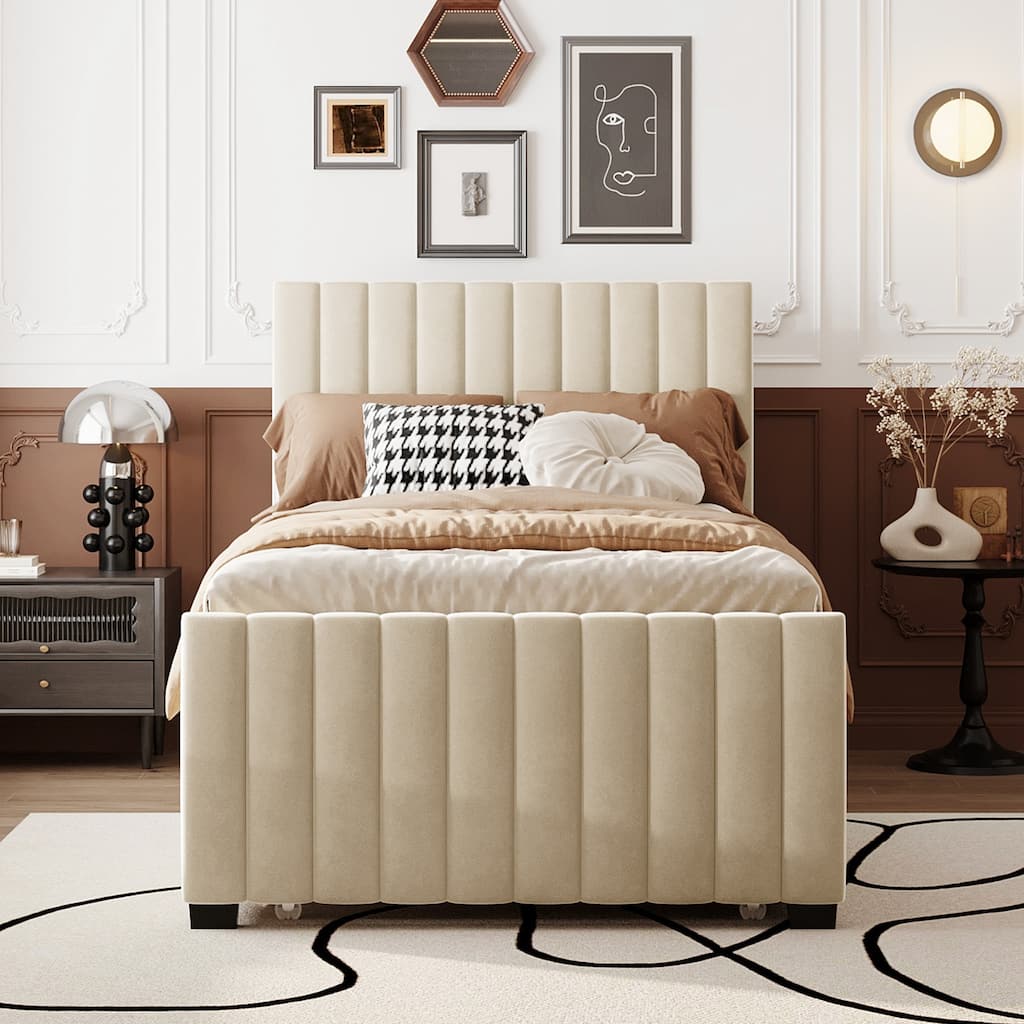 Twin Size Velvet Upholstered Platform Bed with Twin Size Trundle