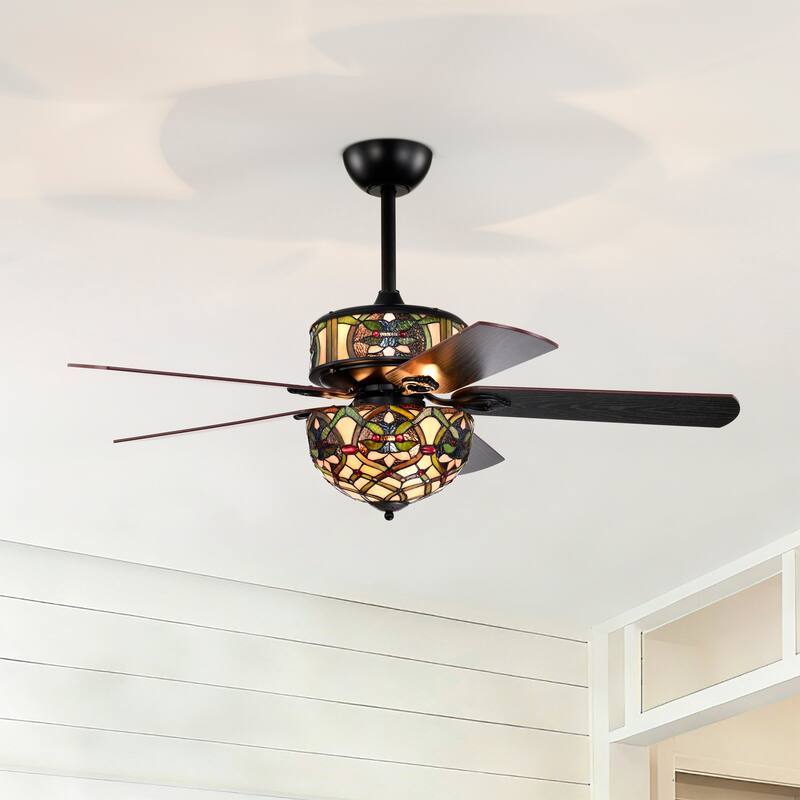 Parponk 52-Inch Flushmount Two-Tiered Lighted Ceiling Fan Green Hatch Tiffany Glass Lamp Black Finish