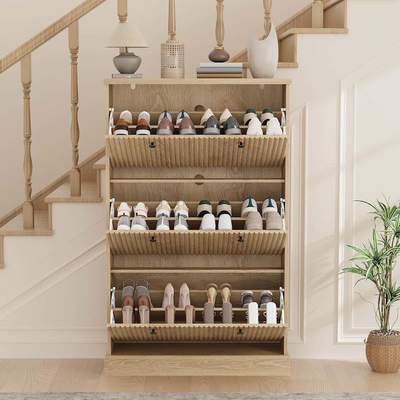Freestanding Fluted Shoe Cabinet Organizer for Entryway, Hallway, Living Room with 3 Flip Drawers
