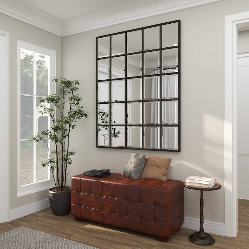 Brown Leather Tufted Upholstered Home Bench with Block Feet