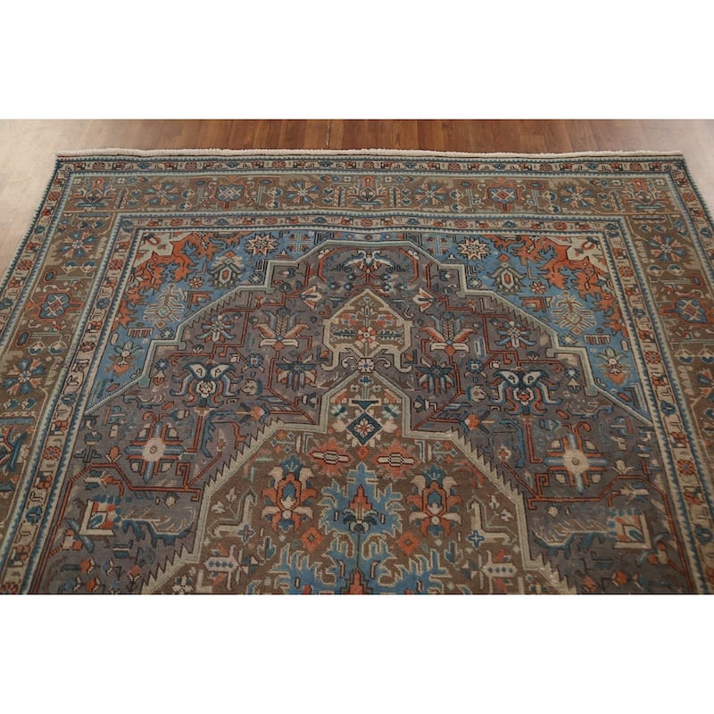 Gray Geometric Tabriz Persian Vintage Rug Handmade Wool Carpet - 6'8"x 9'7"