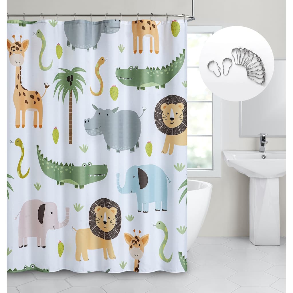 Dainty Home Safari 3D Textured Fabric Shower Curtain with 12 Metal Rollerball Hooks, 70" x 72" - Multicolor