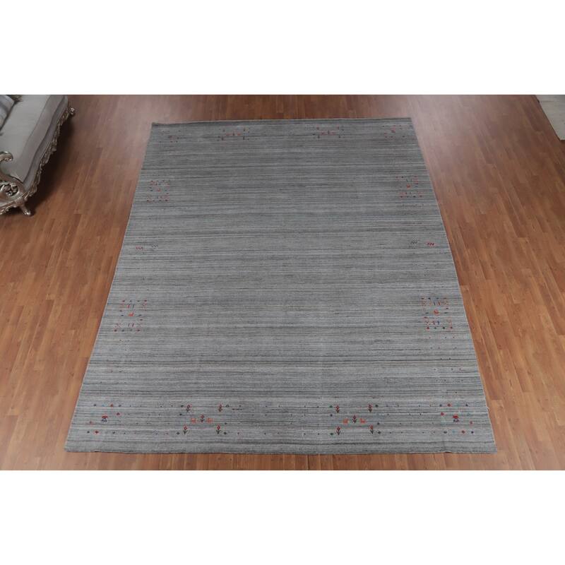 Hand Knotted Oriental 100% Wool Carpet Tribal Stripe Greys & Charcoal Gabbeh Area Rug - 12' 0'' X 9' 9''