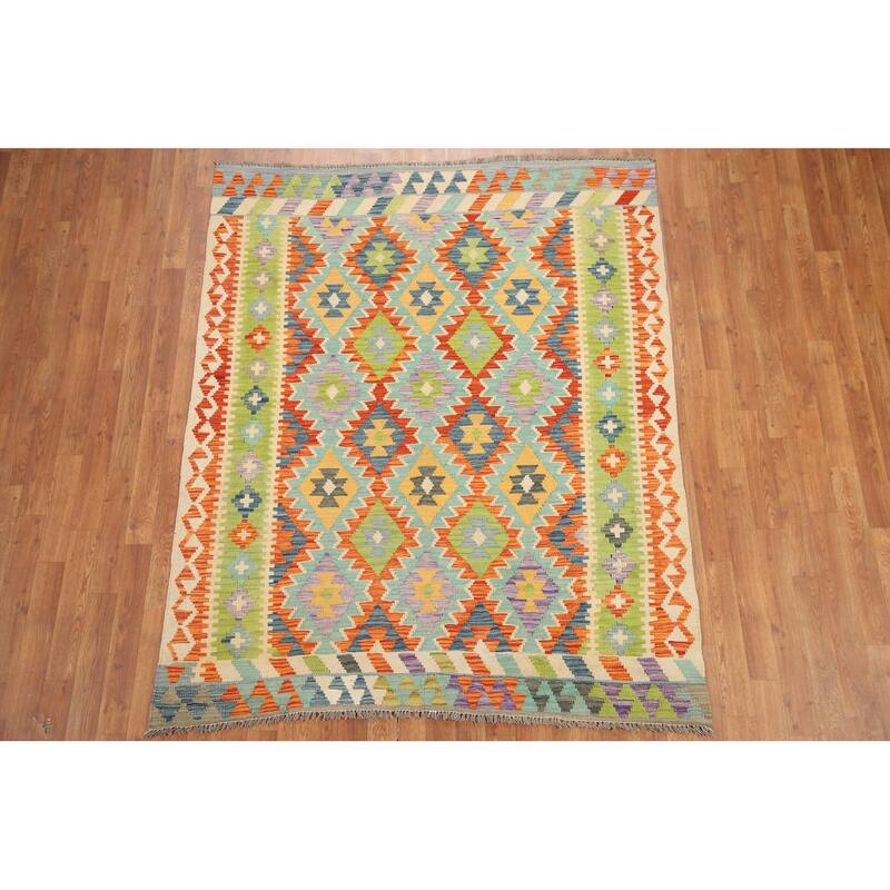 Hand Woven Oriental 100% Wool Carpet Southwestern Geometric Multi-Colored Kilim Area Rug - 6' 4'' X 5' 2''