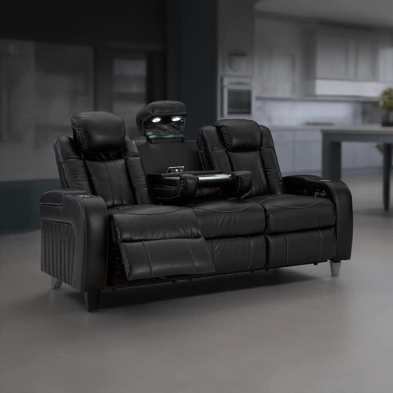 Aven Power Recliner Sofa, LED, Midnight Blue Faux Leather, 86 Inch