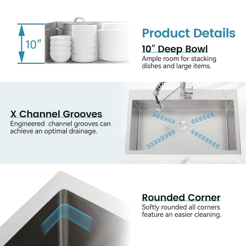 Stainless Steel Kitchen Sink, 32″x19″ Single Bowl, Overmount Handmade Sink in Brushed Nickel, with US Standard Drain and Hook