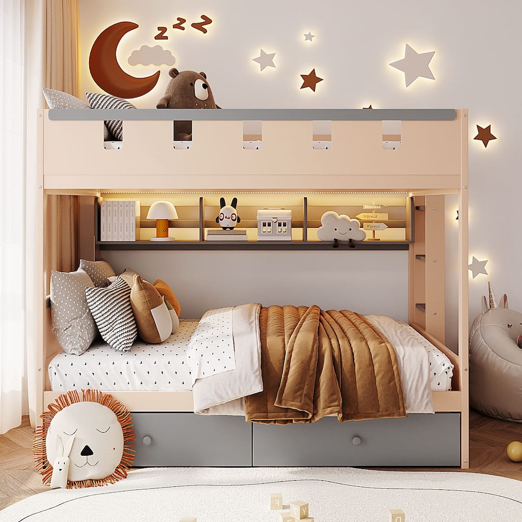 Twin/Full Size Castle Bunk Bed with LED Light, 2 Drawers & Shelf