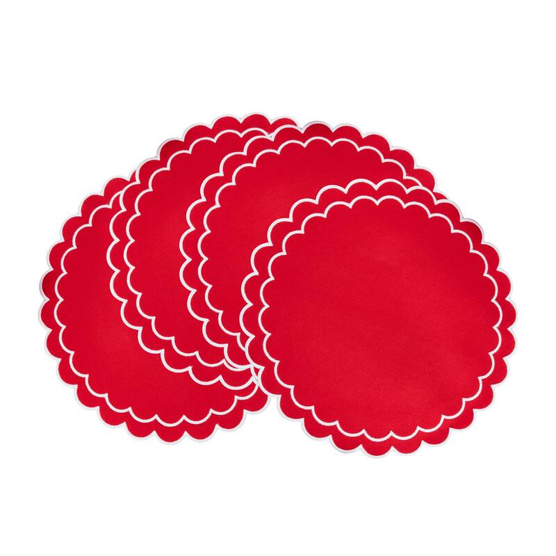 Scalloped Cotton Placemats (Set of 4) - Layered Wavy Edge Round Table Placemats for Dining, Entertaining & Everyday Table, 15"