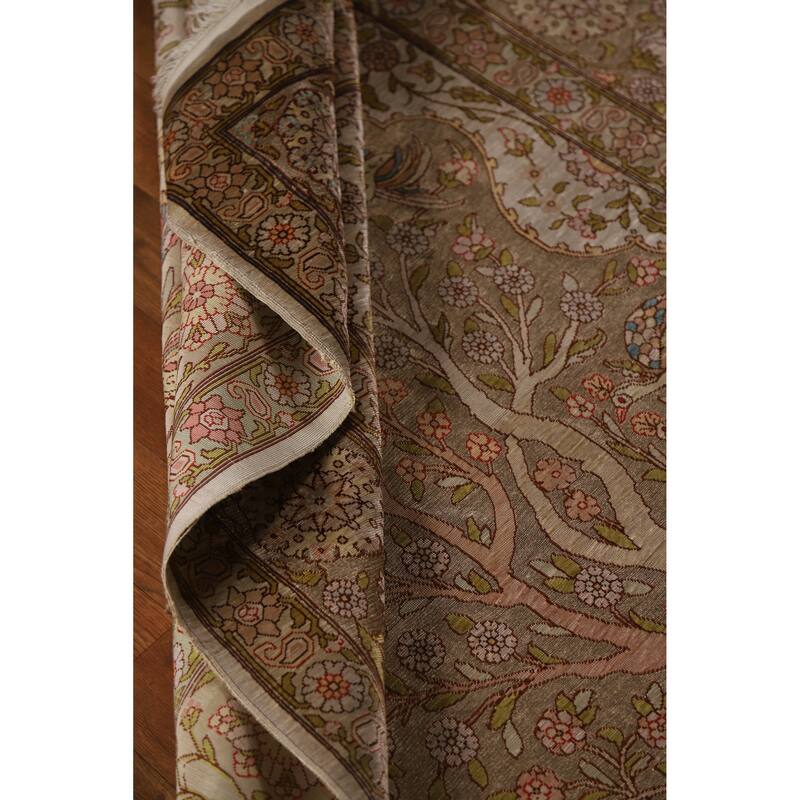 Hand Knotted Oriental Silk & Silver Carpet Traditional Floral Brown Hereke Area Rug - 5' 5'' X 3' 6''