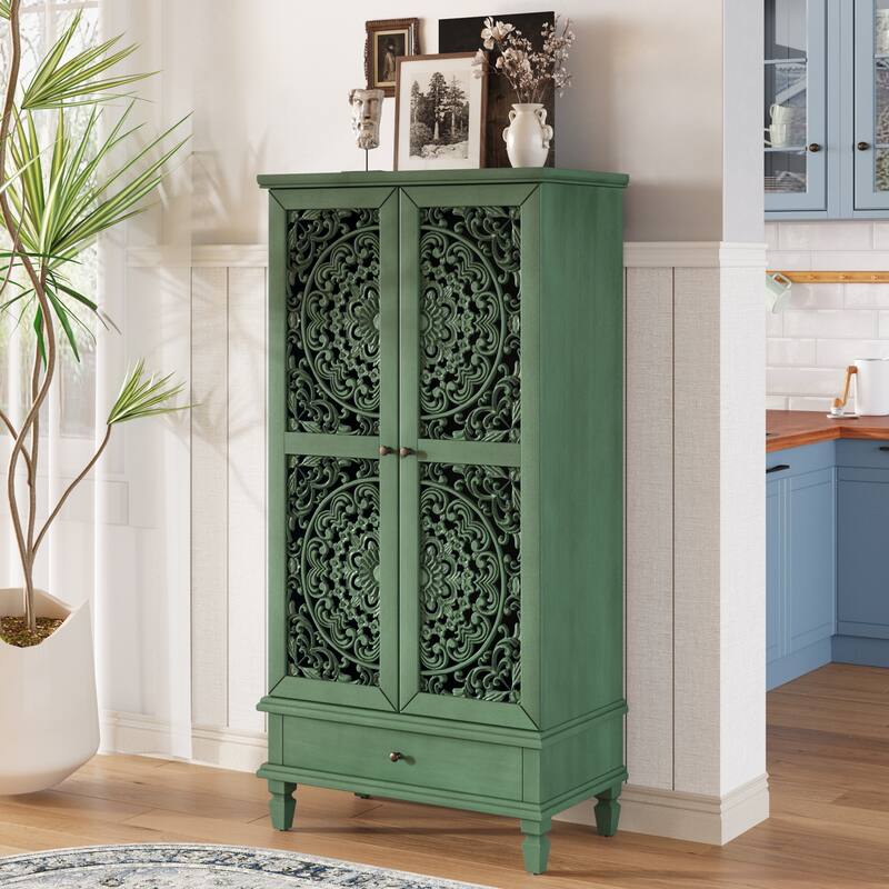 Carved Accent Cabinet Kitchen Pantry Cabinet with Doors, 55" Tall Storage Cabinet with Solid Wood Legs