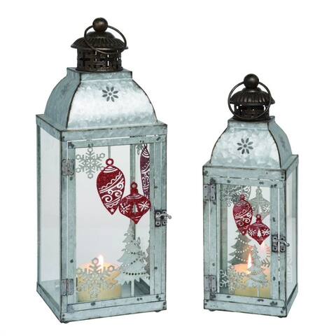 2 Traditional Style Silver Metal Christmas Galvanized Lanterns 19"