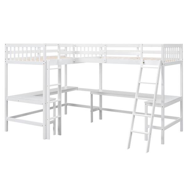 slide 2 of 11, Twin Size L-Shaped Loft Beds Frame with 2 Desks and Ladder, White White - Twin