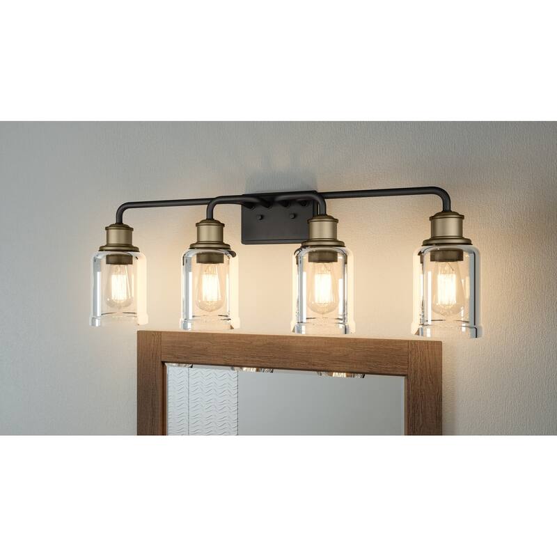 Cox 4-Light Matte Black Bath Light with Warm Brass Accents