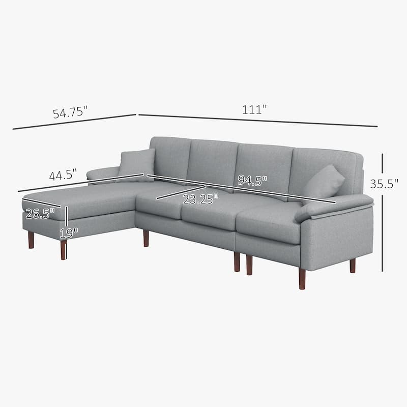 HOMCOM Fabric Sectional Couch with Reversible Sleeper Sofa, Modern L Shaped Sectional Sofa with Pillows, Wooden Legs