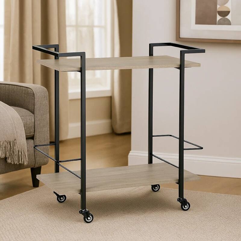 Serving Bar Cart, 32 Inch Black Metal, 2 Shelf, Bottle Holders
