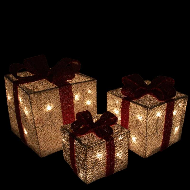 3 Silver Tinsel Lighted Gift Boxes Red Bows Christmas Decorations