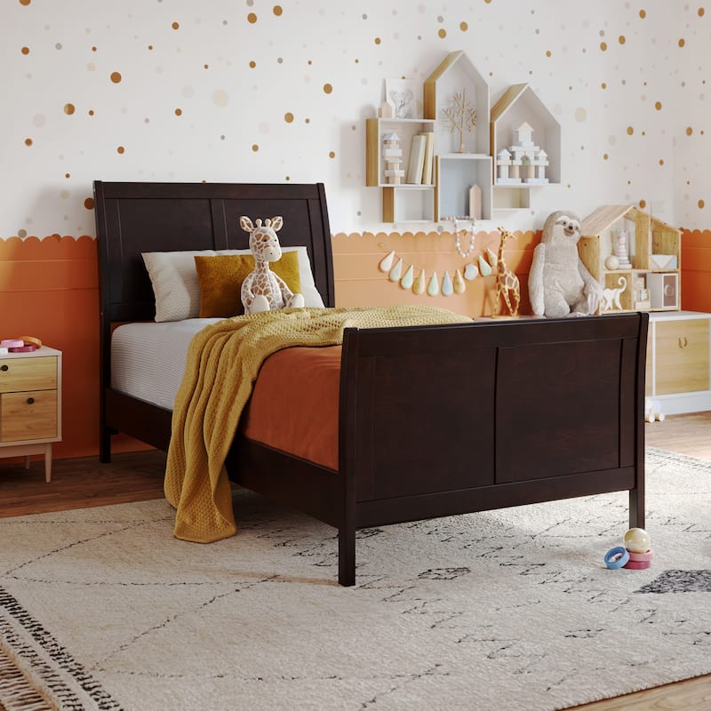 Valencia Solid Wood Low Profile Sleigh Platform Bed with Matching Footboard - Espresso - Twin