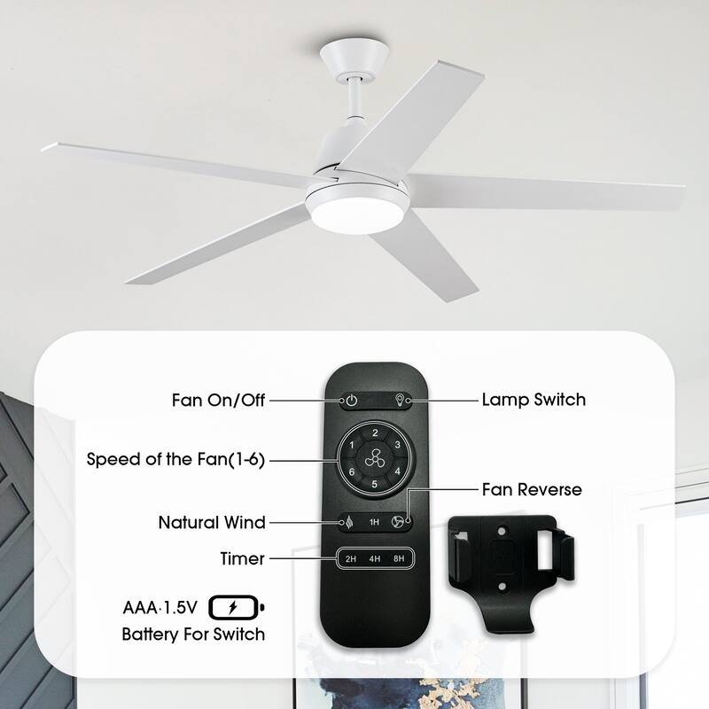 52-inch Modern Plywood 5-blade White Ceiling Fan with Light and Remote