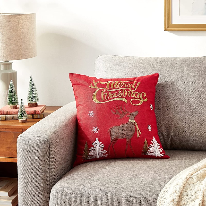 Violet Linen Seasonal Xmas Christmas Holiday Spirits Pattern Decorative Cushion Cover