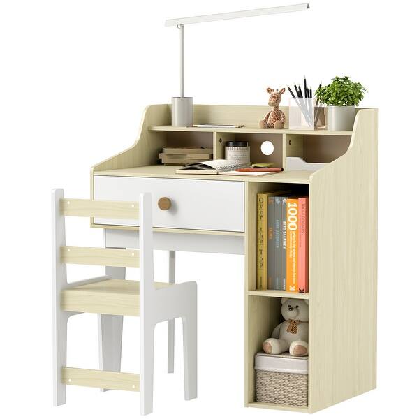 slide 2 of 9, Qaba Kids Desk and Chair Set, Student Desk and Chair Set with Storage Shelves, Drawer, Kids Study Desk and Chair, White White