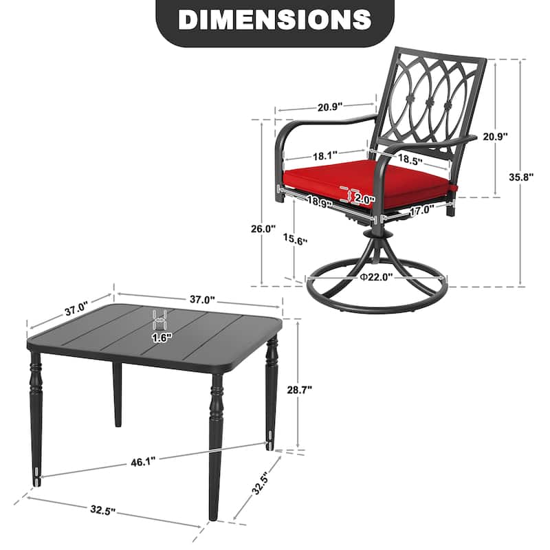 Metal Patio Dining Set with Umbrella Hole, Swivel Chairs with Cushions