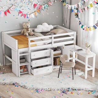 Twin Size Low Loft Bed With Pull-Out Desk,Drawers,Cabinet and Shelves for Home