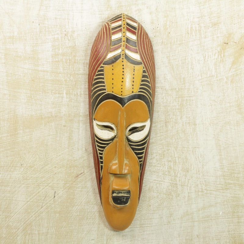 Handmade Yellow Akoni African Wood Mask (Ghana) - 19" H x 6" W x 2.8" D