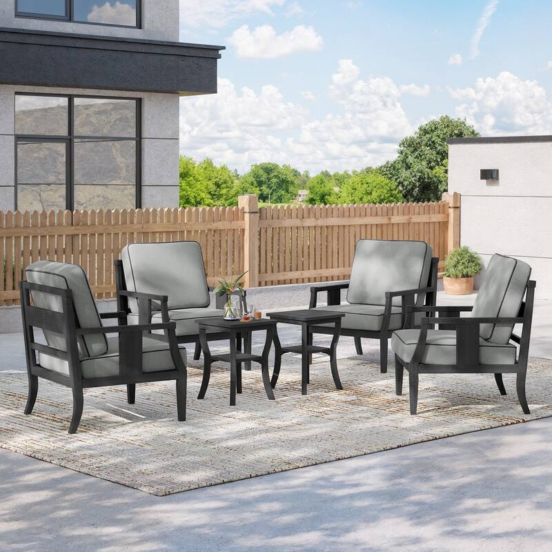 6-piece Outdoor Teak Seating Set Club Chairs with Cushions - Blackframe-Grey - Black Frame