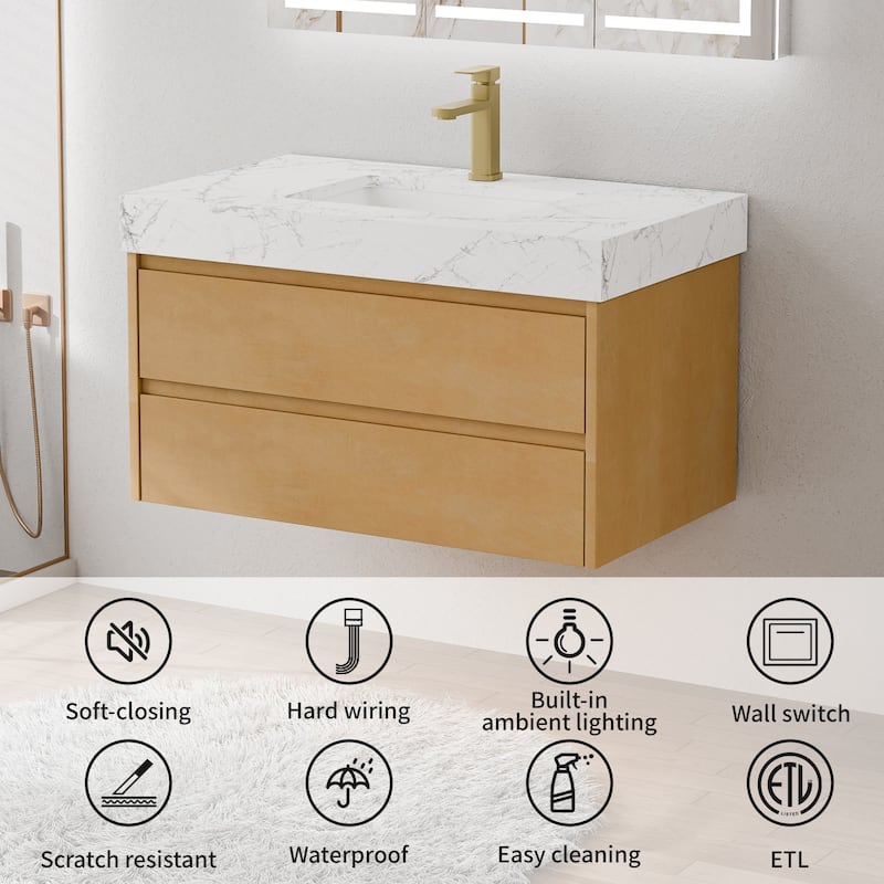 Modland 36" Floating Modern Bathroom Vanity with Single Sink,Maple Wood Wall Mounted Vanity with Marble Countertop - 36 Inch