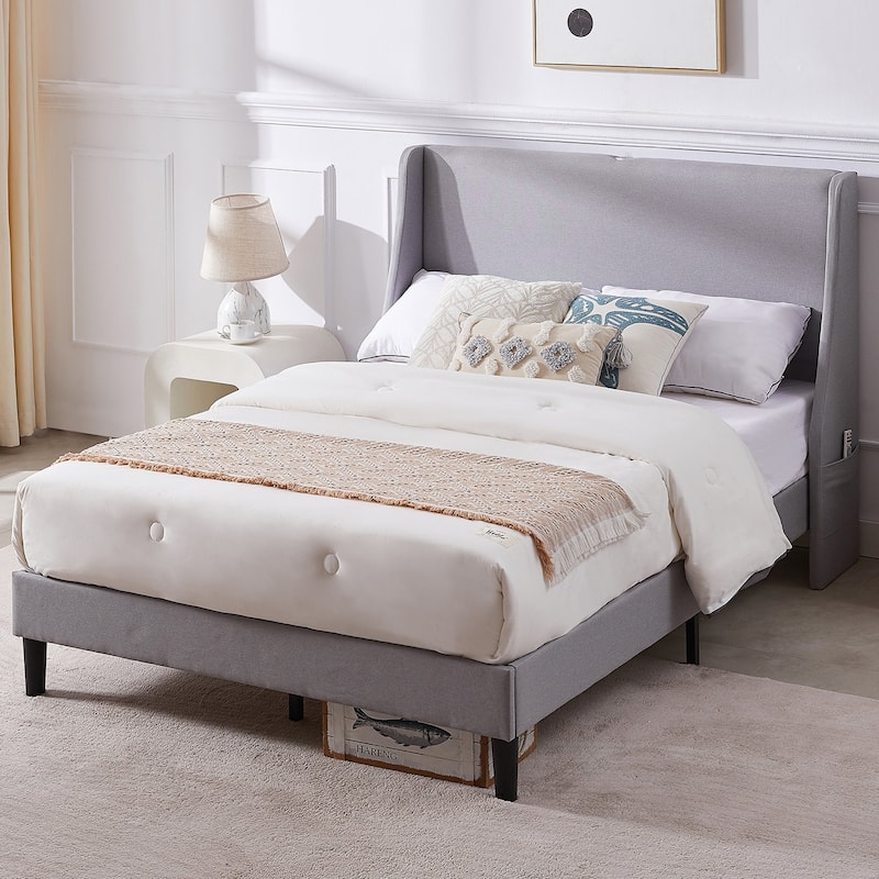 VECELO Bed Frame with Upholstered Wingback Headboard,Platform Bedframe with Charging Station & Side Pockets