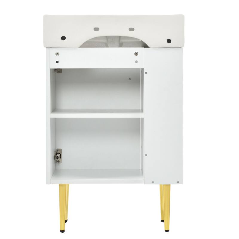 Freestanding Wave-Textured Surface Storage Cabinet Bathroom Vanity with Ceramic Sink, Metal Handle and Left Side Open Storage