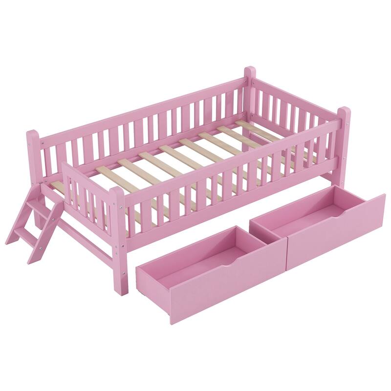 Wood Twin Size Platform Bed with Guardrail and 2 Drawers