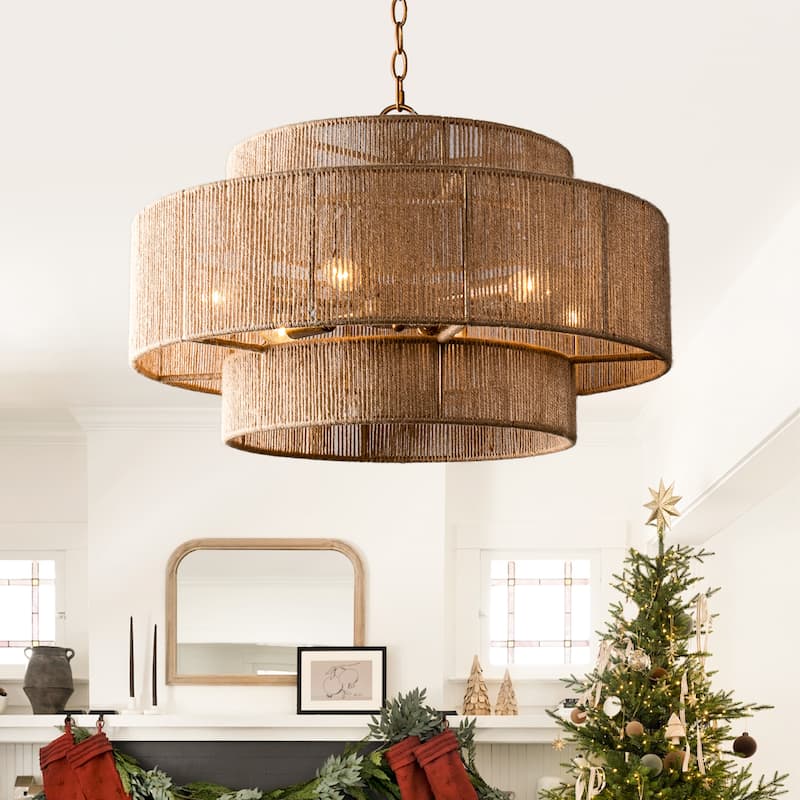 Bohemian Brown Hemp Rope Tiered Drum Chandelier Light - 23.62 "W x 15.16"H
