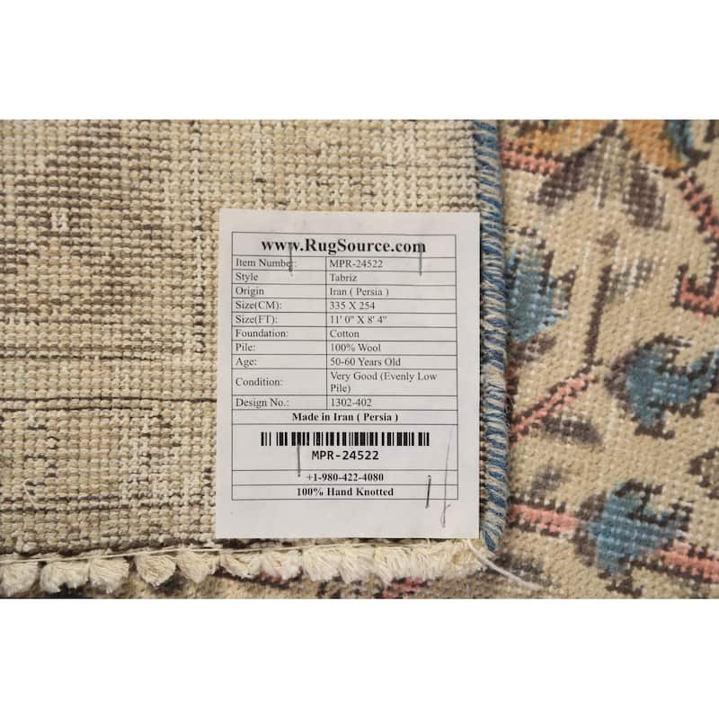 Geometric Tabriz Persian Rug Handmade Beige Oriental Wool Carpet - 8'4"x 11'0"