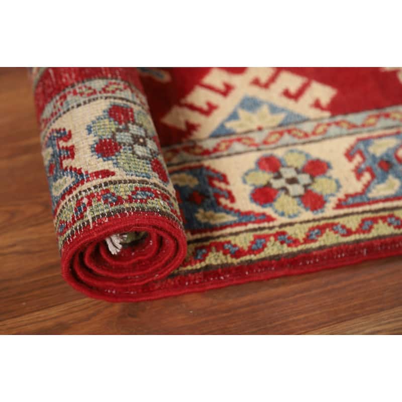 Red Kazak Foyer Rug Geometric Handmade Wool Carpet - 2'7"x 3'11"