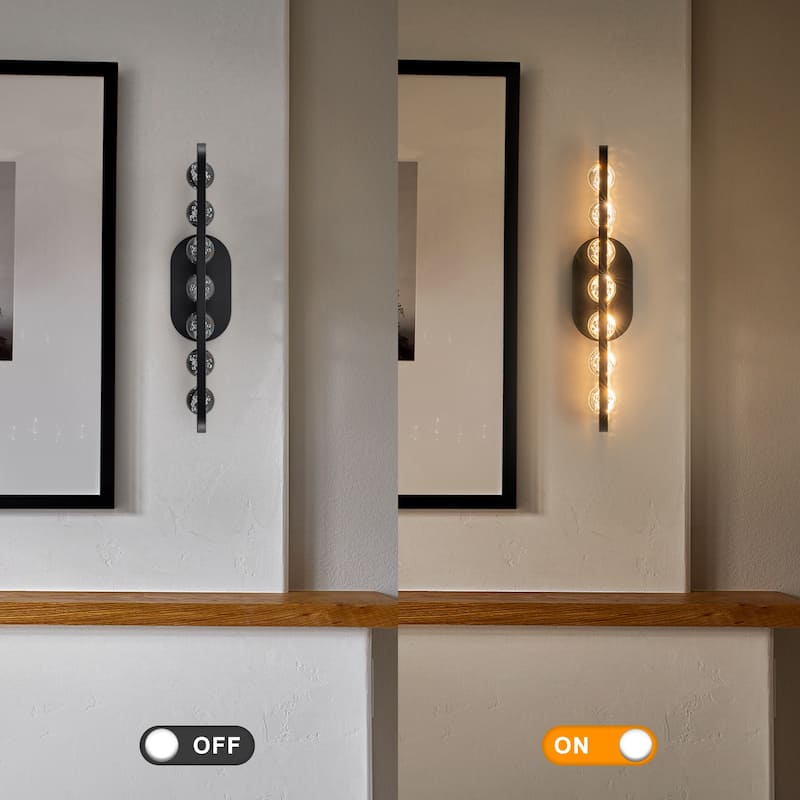 7-Light Modern Black Linear LED Vanity Light Clear Globe Glass Shades