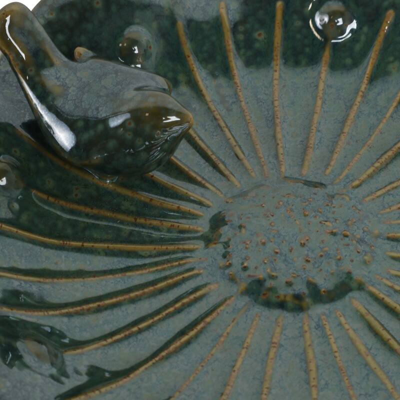 Stoneware Flower Birdbath Perched Bird in Glaze Finish - 10" Green - 10" x 10" x 2"