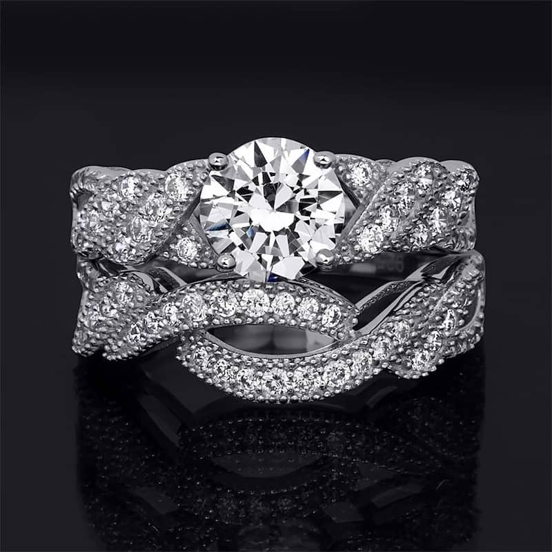 Sterling Silver 3.80 Carat Wedding Band Engagement Ring Set Round Cut